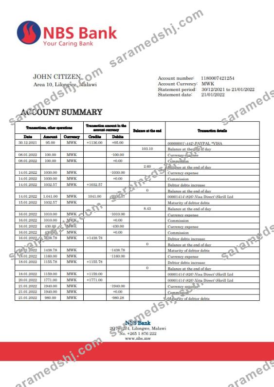 Malawi NBS bank statement